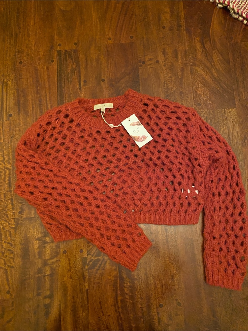 Kids Open-Knit Cropped Sweater in Rust